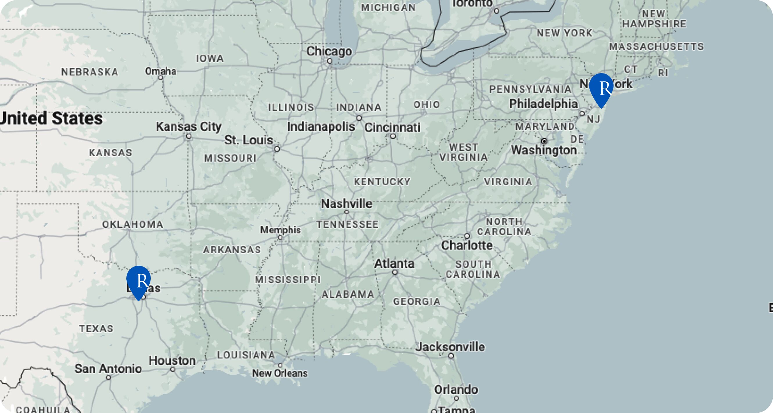 Map marked with the following locations:Willingboro, NJ Radwell International, Arlington, TX Radwell International