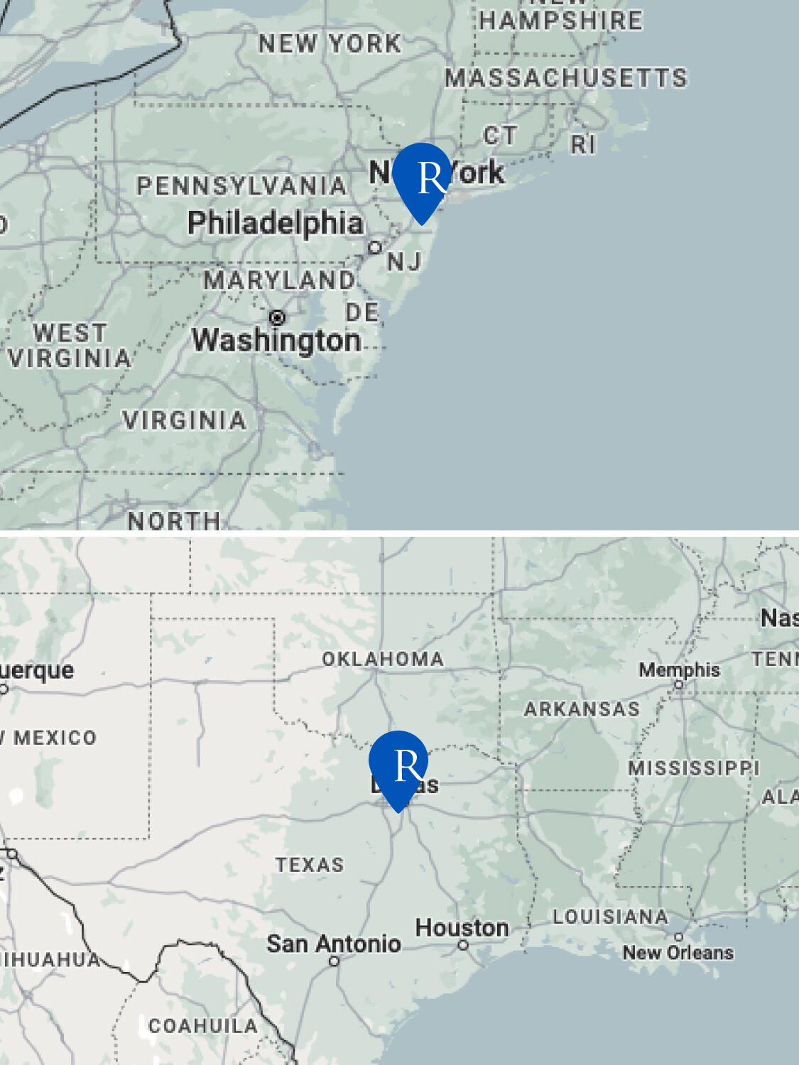 Map marked with the following locations:Willingboro, NJ Radwell International, Arlington, TX Radwell International