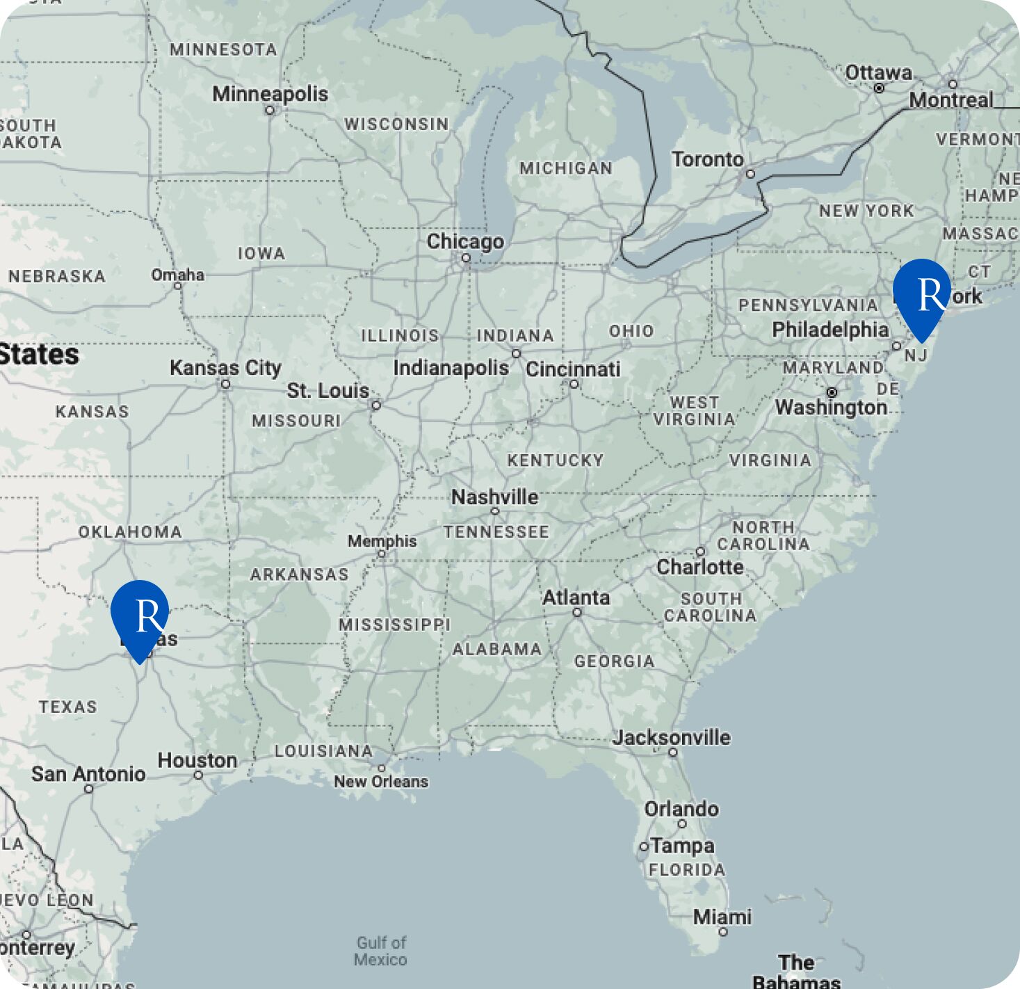Map marked with the following locations:Willingboro, NJ Radwell International, Arlington, TX Radwell International